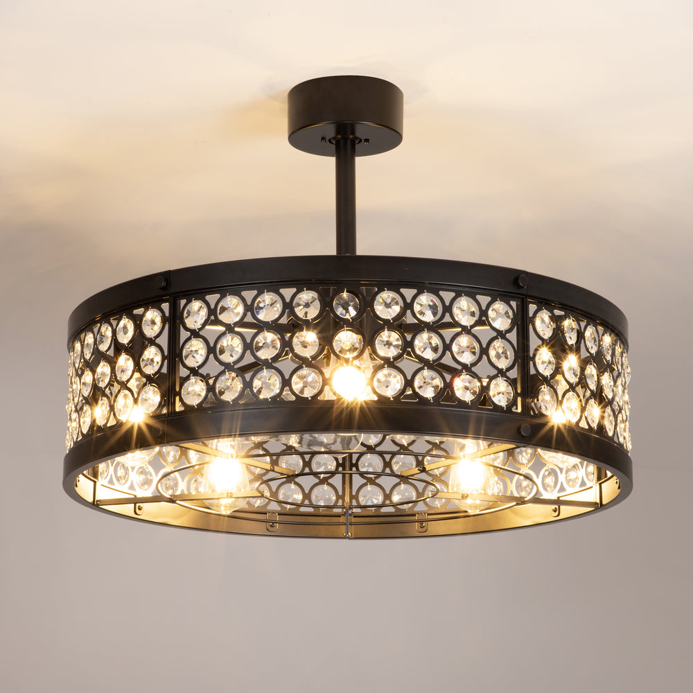 28 Inch Crystal Caged Ceiling Fan with Lights, Black Fandelier with Remote Control, 7-Blade DC Motor, 6 Speeds, Reversible Indoor Ceiling Fan for Bedroom