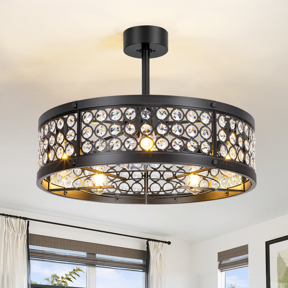 28 Inch Crystal Caged Ceiling Fan with Lights, Black Fandelier with Remote Control, 7-Blade DC Motor, 6 Speeds, Reversible Indoor Ceiling Fan for Bedroom