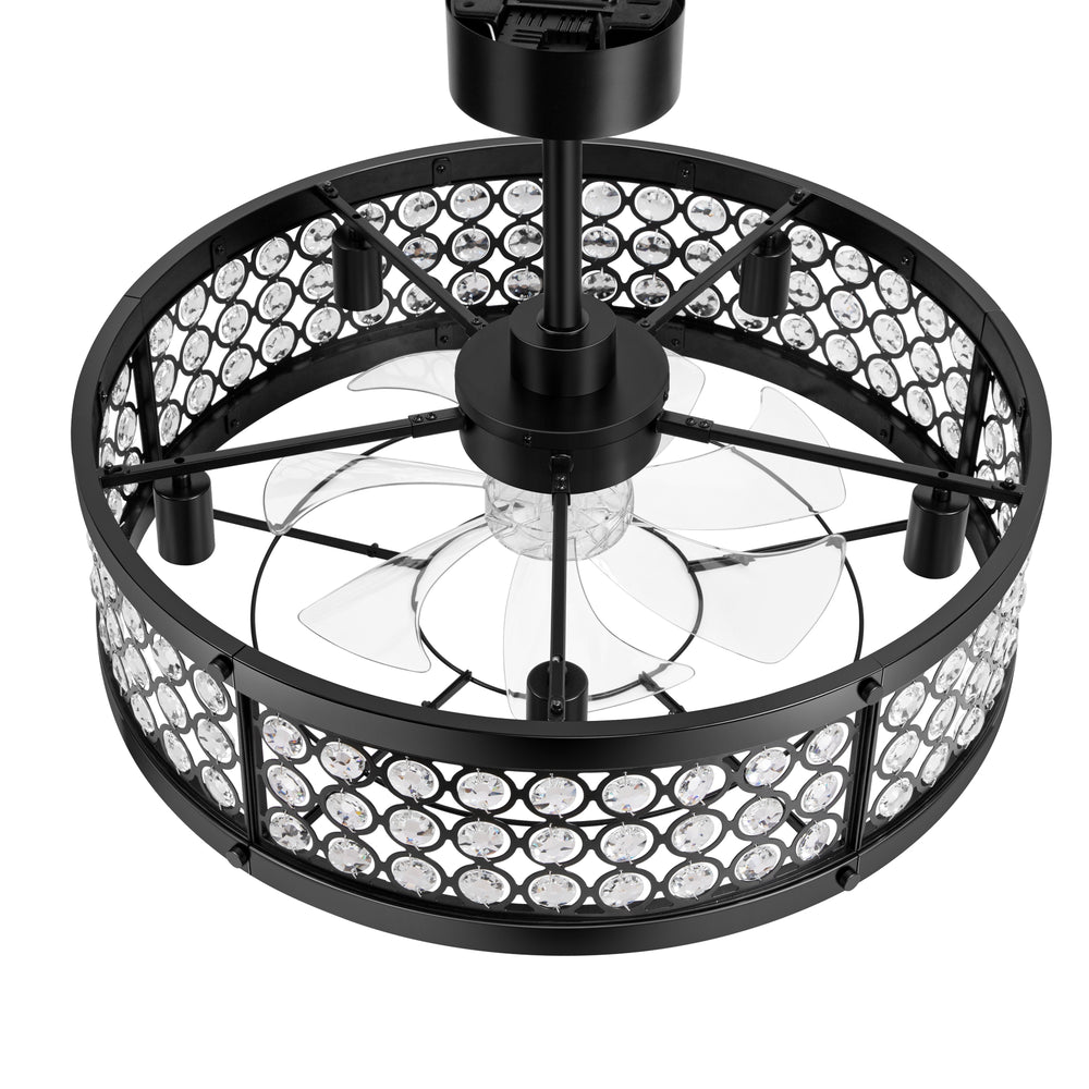 28 Inch Crystal Caged Ceiling Fan with Lights, Black Fandelier with Remote Control, 7-Blade DC Motor, 6 Speeds, Reversible Indoor Ceiling Fan for Bedroom