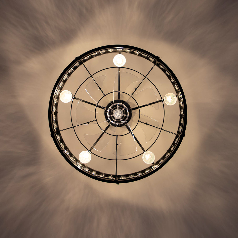 28 Inch Crystal Caged Ceiling Fan with Lights, Black Fandelier with Remote Control, 7-Blade DC Motor, 6 Speeds, Reversible Indoor Ceiling Fan for Bedroom