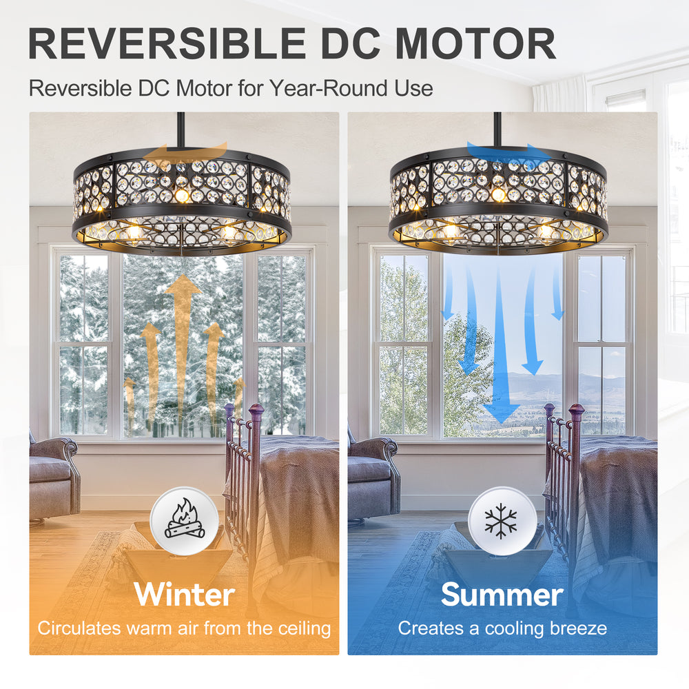 28 Inch Crystal Caged Ceiling Fan with Lights, Black Fandelier with Remote Control, 7-Blade DC Motor, 6 Speeds, Reversible Indoor Ceiling Fan for Bedroom