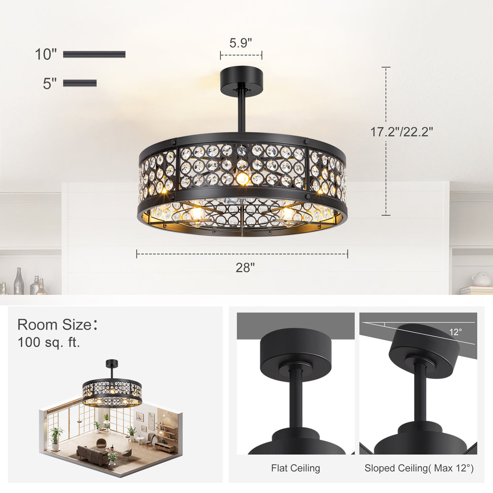 28 Inch Crystal Caged Ceiling Fan with Lights, Black Fandelier with Remote Control, 7-Blade DC Motor, 6 Speeds, Reversible Indoor Ceiling Fan for Bedroom
