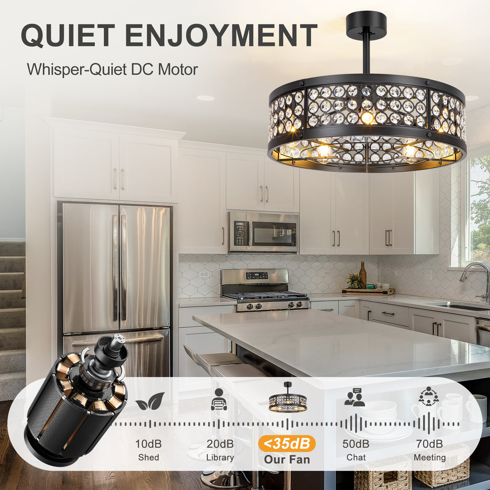 28 Inch Crystal Caged Ceiling Fan with Lights, Black Fandelier with Remote Control, 7-Blade DC Motor, 6 Speeds, Reversible Indoor Ceiling Fan for Bedroom