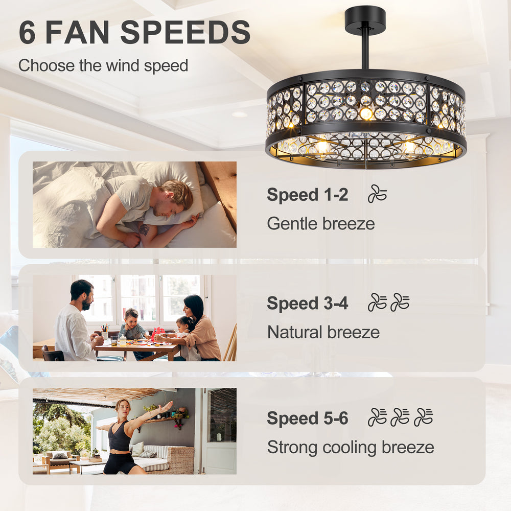 28 Inch Crystal Caged Ceiling Fan with Lights, Black Fandelier with Remote Control, 7-Blade DC Motor, 6 Speeds, Reversible Indoor Ceiling Fan for Bedroom