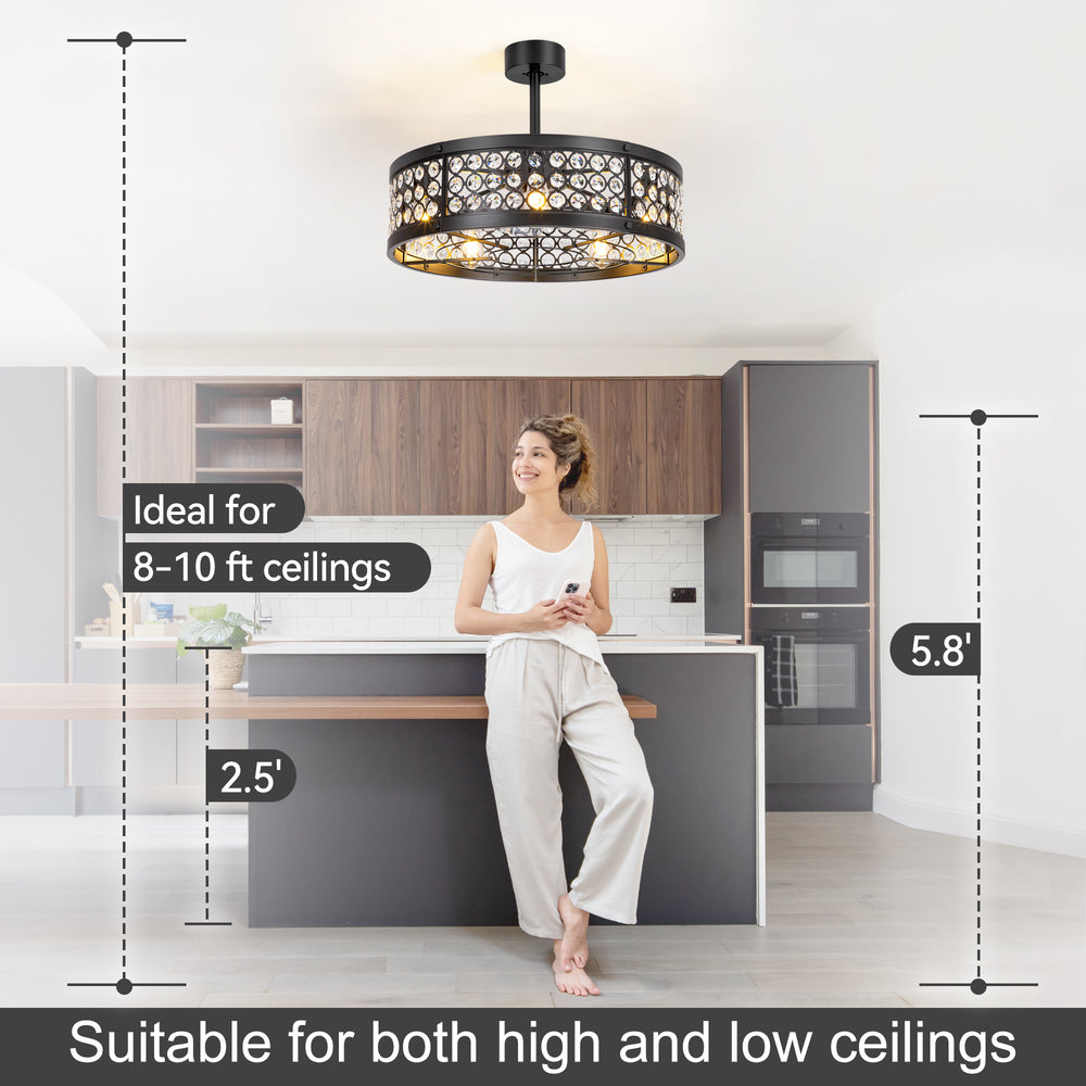 28 Inch Crystal Caged Ceiling Fan with Lights, Black Fandelier with Remote Control, 7-Blade DC Motor, 6 Speeds, Reversible Indoor Ceiling Fan for Bedroom