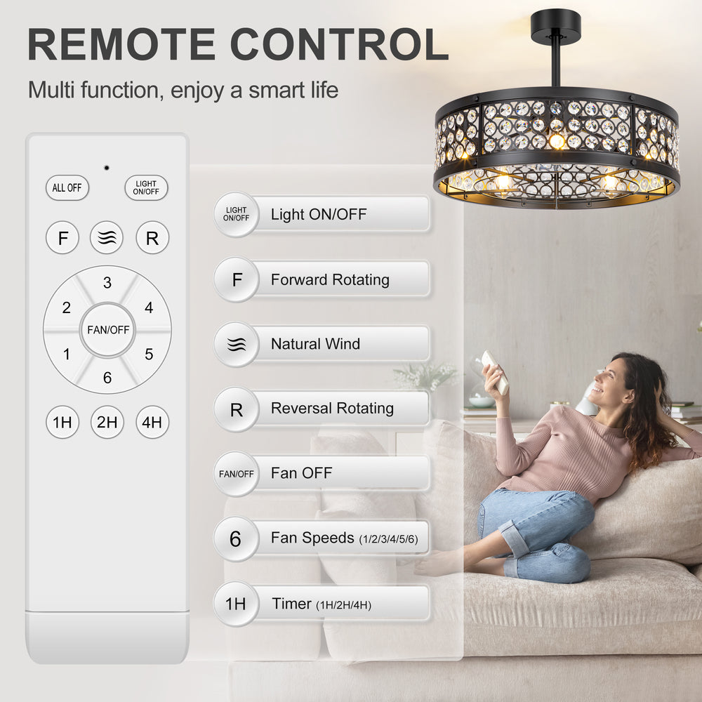 28 Inch Crystal Caged Ceiling Fan with Lights, Black Fandelier with Remote Control, 7-Blade DC Motor, 6 Speeds, Reversible Indoor Ceiling Fan for Bedroom