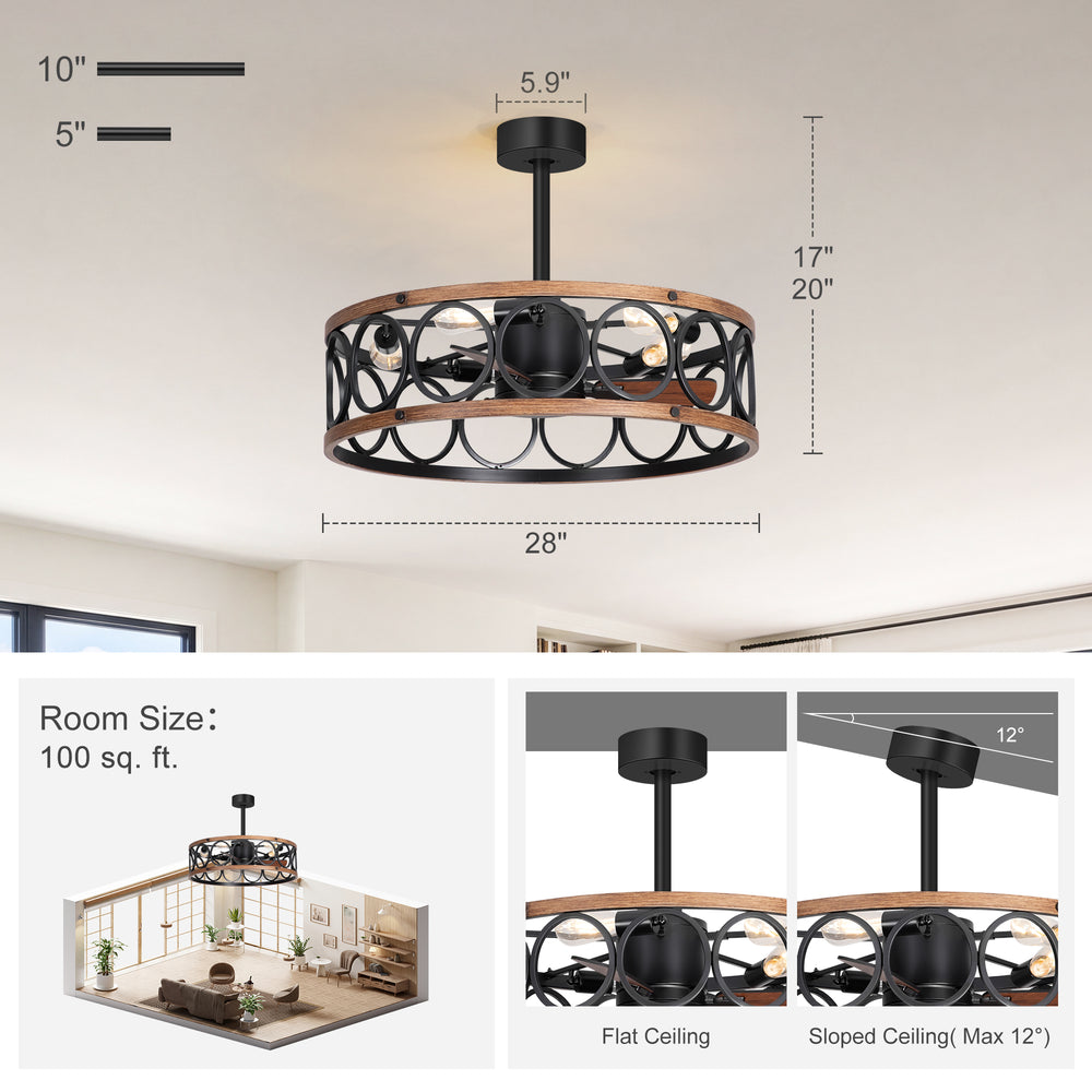 28 Inch Farmhouse Caged Ceiling Fan with Lights, Black Wood Grain Ceiling Fan, Quiet DC Motor, 6 Speeds, Remote Control, Reversible, 5/10 Inch Downrods