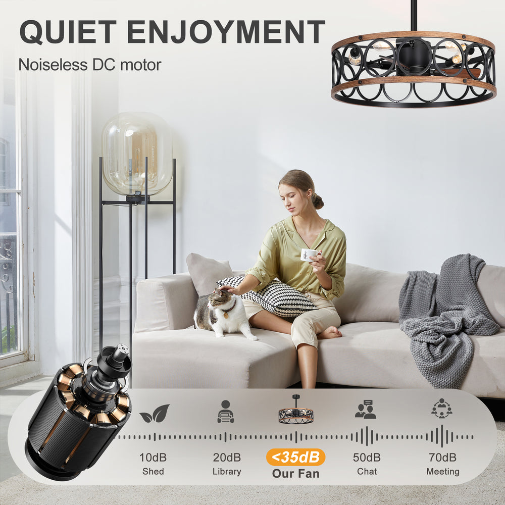 28 Inch Farmhouse Caged Ceiling Fan with Lights, Black Wood Grain Ceiling Fan, Quiet DC Motor, 6 Speeds, Remote Control, Reversible, 5/10 Inch Downrods