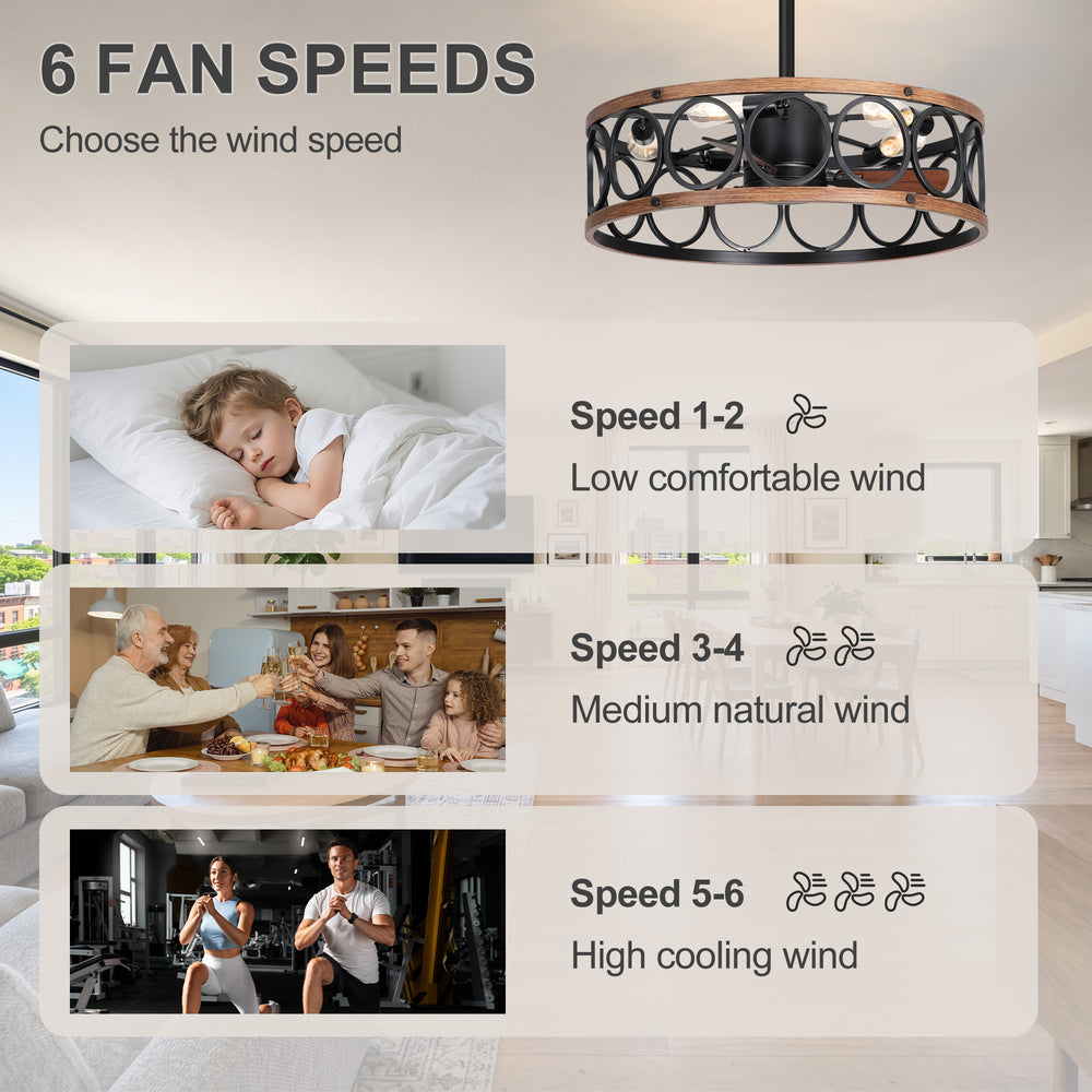 28 Inch Farmhouse Caged Ceiling Fan with Lights, Black Wood Grain Ceiling Fan, Quiet DC Motor, 6 Speeds, Remote Control, Reversible, 5/10 Inch Downrods