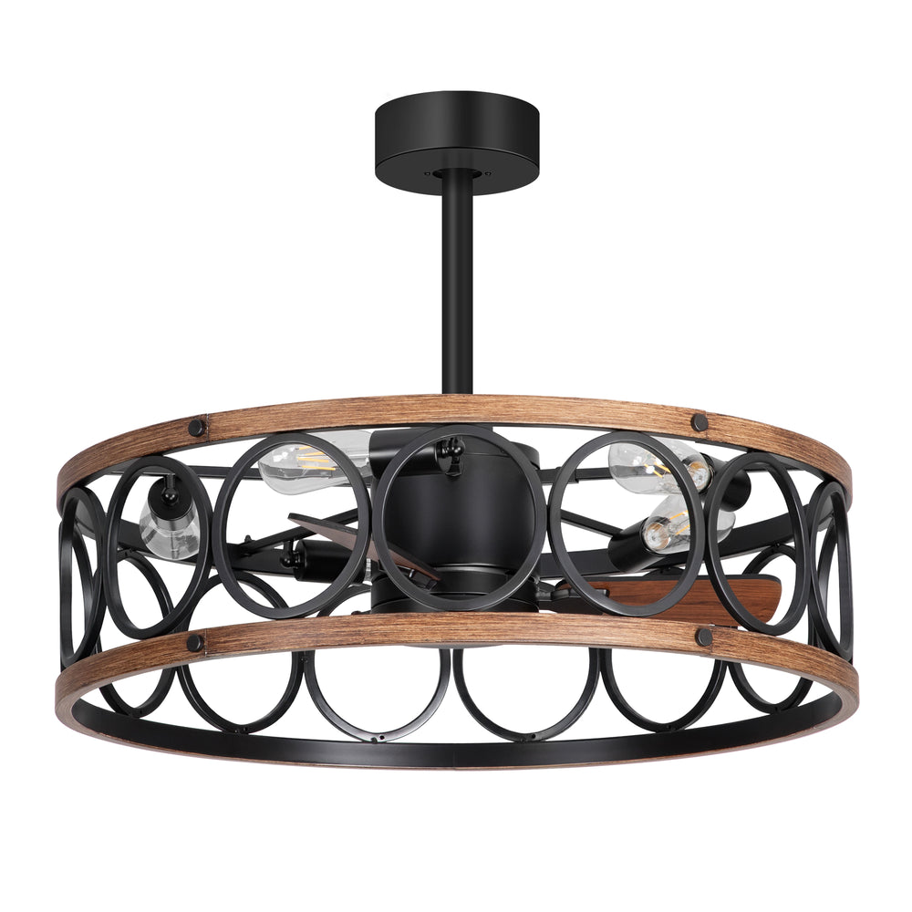 28 Inch Farmhouse Caged Ceiling Fan with Lights, Black Wood Grain Ceiling Fan, Quiet DC Motor, 6 Speeds, Remote Control, Reversible, 5/10 Inch Downrods