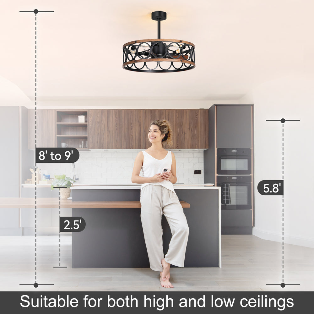 28 Inch Farmhouse Caged Ceiling Fan with Lights, Black Wood Grain Ceiling Fan, Quiet DC Motor, 6 Speeds, Remote Control, Reversible, 5/10 Inch Downrods