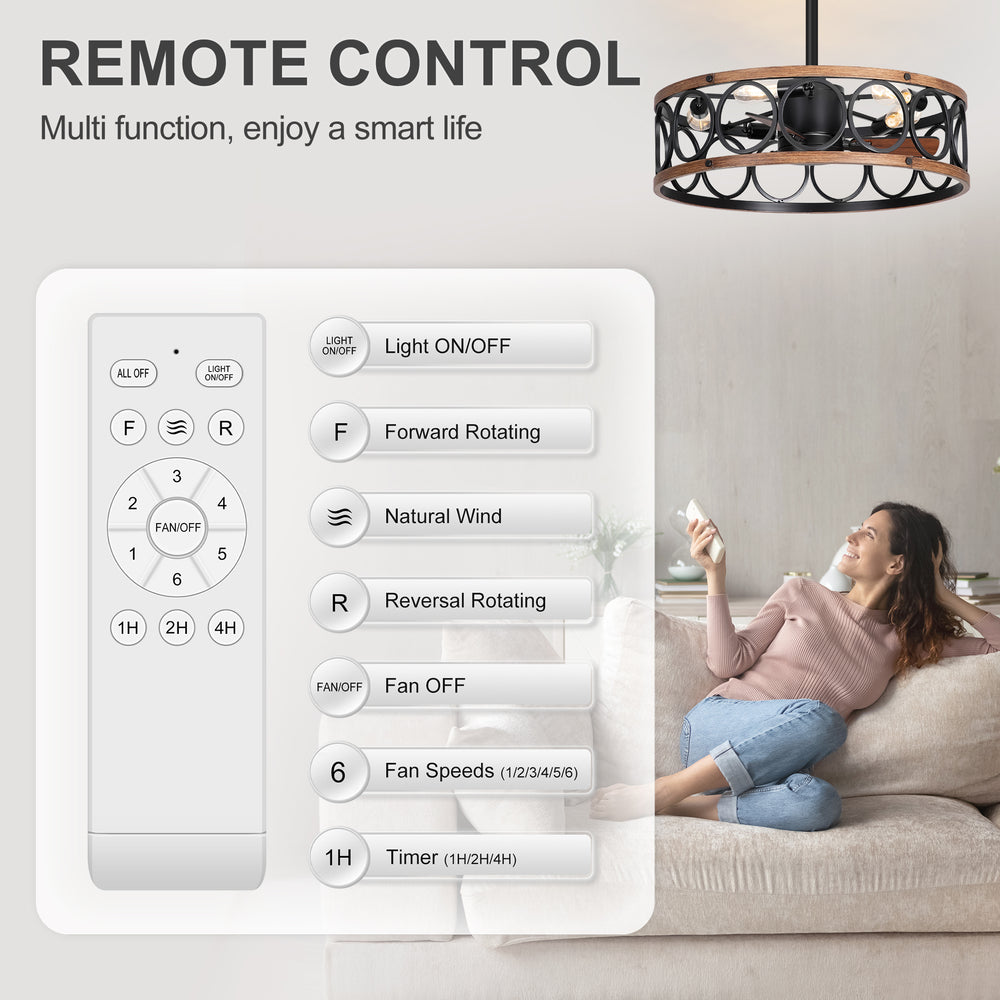 28 Inch Farmhouse Caged Ceiling Fan with Lights, Black Wood Grain Ceiling Fan, Quiet DC Motor, 6 Speeds, Remote Control, Reversible, 5/10 Inch Downrods