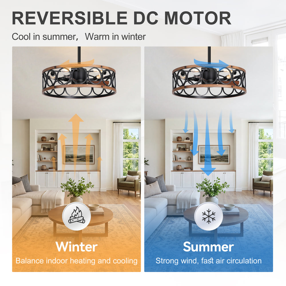 28 Inch Farmhouse Caged Ceiling Fan with Lights, Black Wood Grain Ceiling Fan, Quiet DC Motor, 6 Speeds, Remote Control, Reversible, 5/10 Inch Downrods