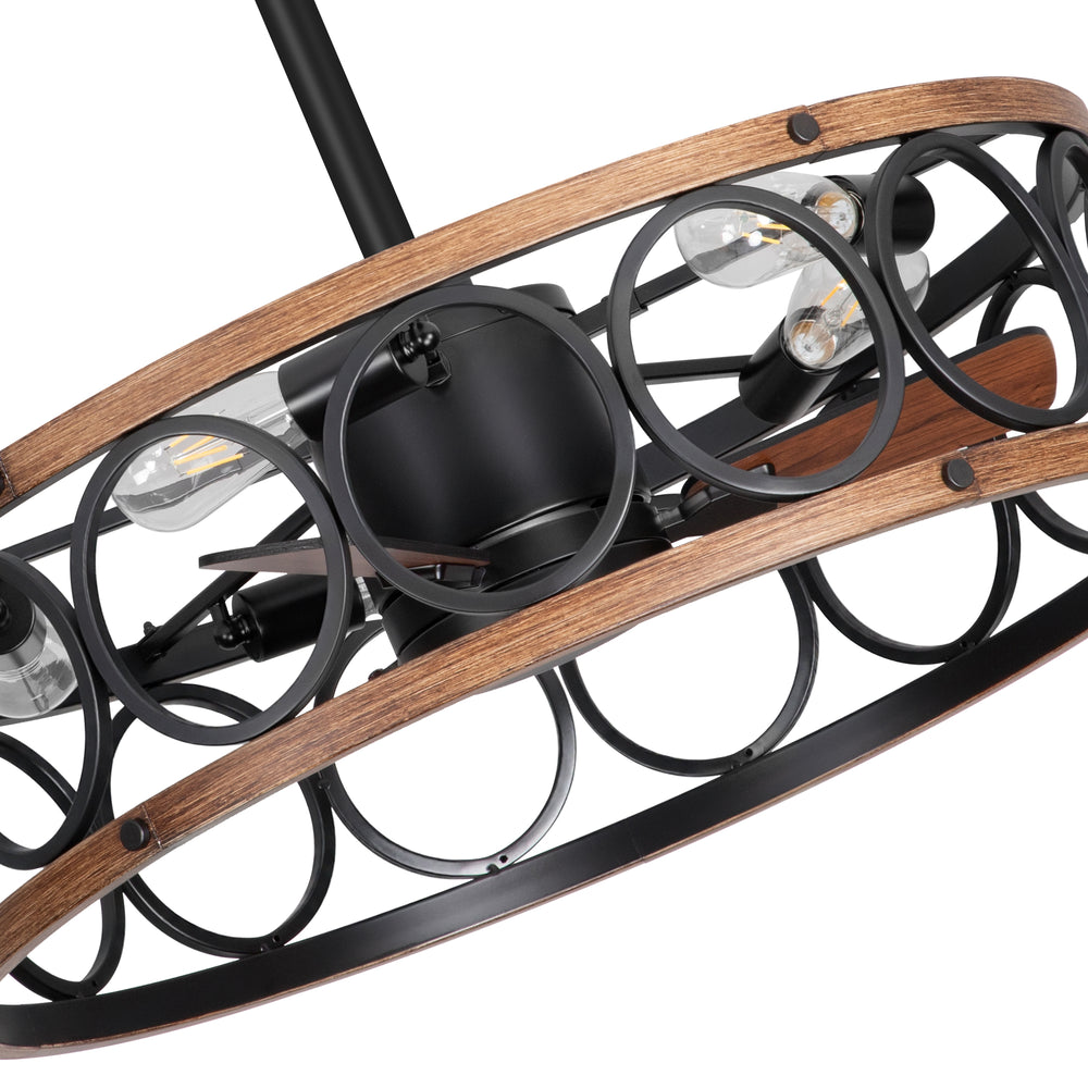 28 Inch Farmhouse Caged Ceiling Fan with Lights, Black Wood Grain Ceiling Fan, Quiet DC Motor, 6 Speeds, Remote Control, Reversible, 5/10 Inch Downrods