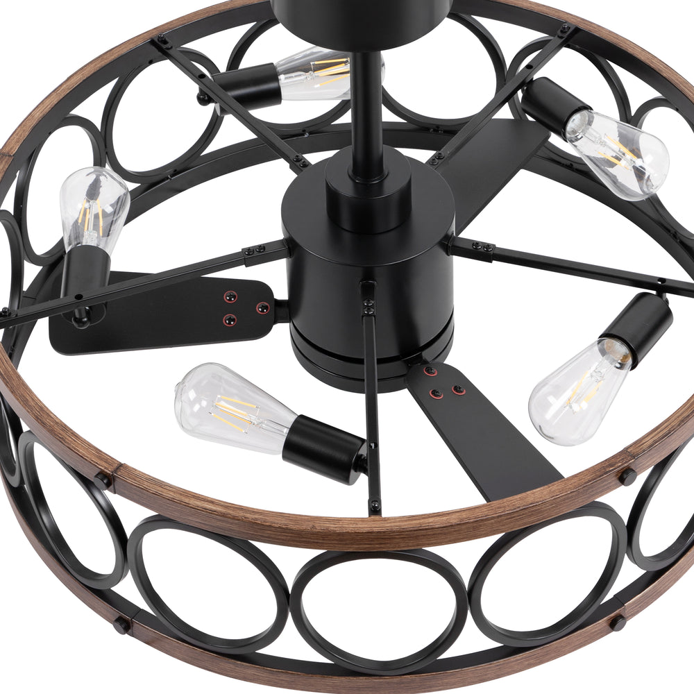 28 Inch Farmhouse Caged Ceiling Fan with Lights, Black Wood Grain Ceiling Fan, Quiet DC Motor, 6 Speeds, Remote Control, Reversible, 5/10 Inch Downrods
