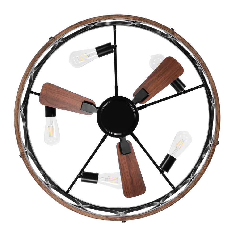 28 Inch Farmhouse Caged Ceiling Fan with Lights, Black Wood Grain Ceiling Fan, Quiet DC Motor, 6 Speeds, Remote Control, Reversible, 5/10 Inch Downrods