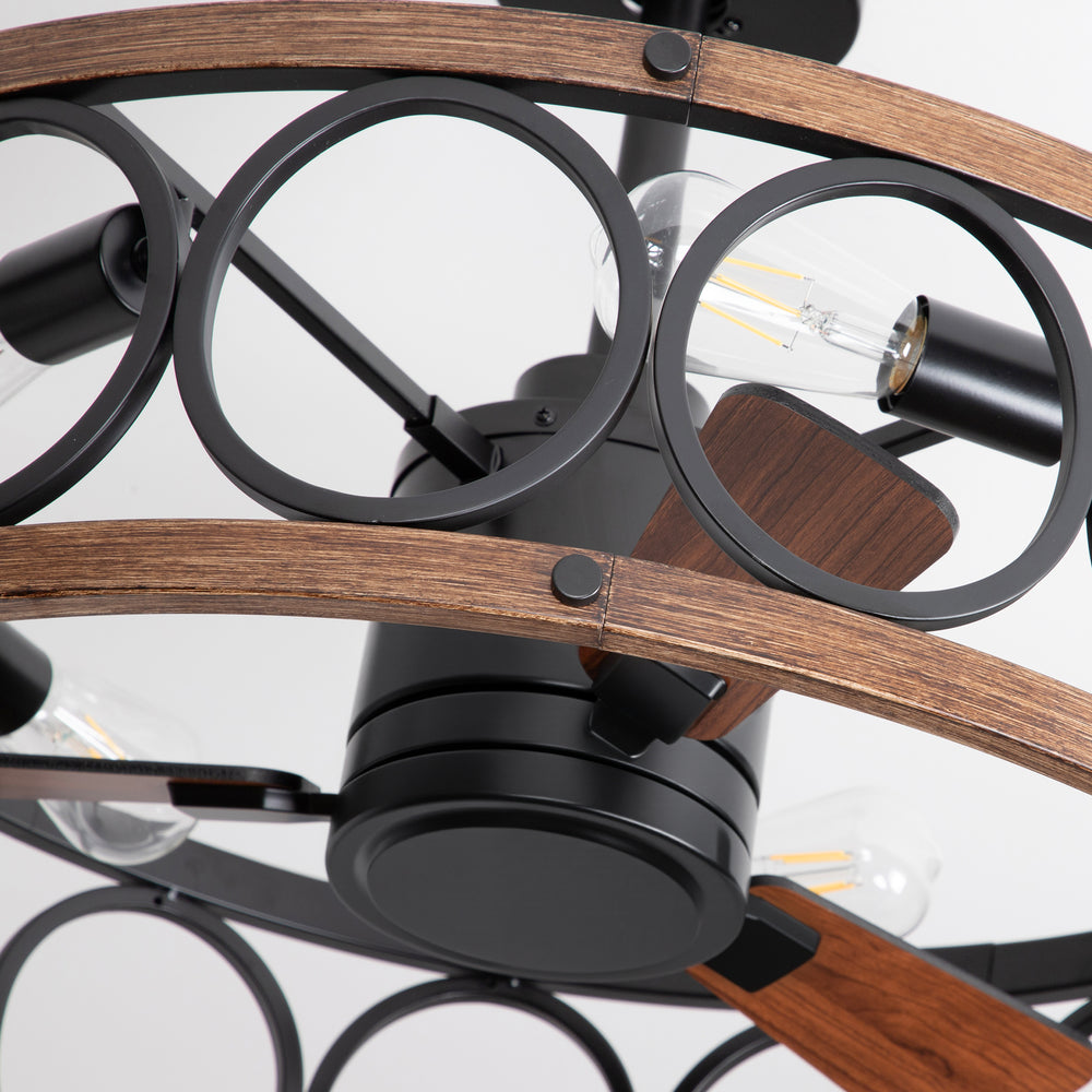 28 Inch Farmhouse Caged Ceiling Fan with Lights, Black Wood Grain Ceiling Fan, Quiet DC Motor, 6 Speeds, Remote Control, Reversible, 5/10 Inch Downrods
