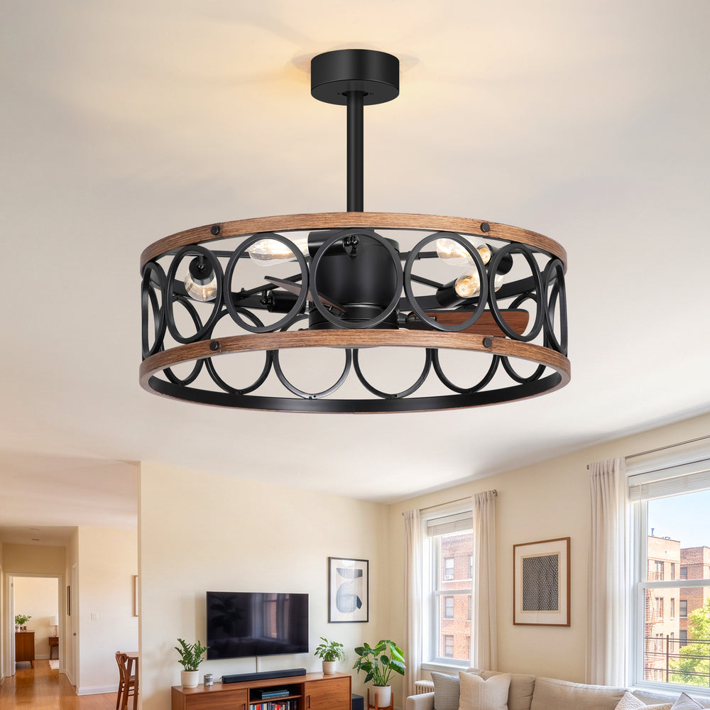 28 Inch Farmhouse Caged Ceiling Fan with Lights, Black Wood Grain Ceiling Fan, Quiet DC Motor, 6 Speeds, Remote Control, Reversible, 5/10 Inch Downrods