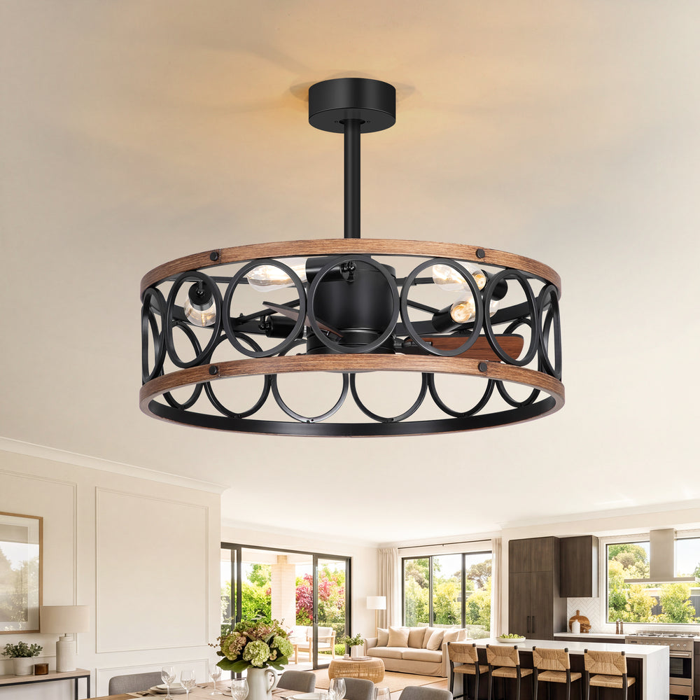 28 Inch Farmhouse Caged Ceiling Fan with Lights, Black Wood Grain Ceiling Fan, Quiet DC Motor, 6 Speeds, Remote Control, Reversible, 5/10 Inch Downrods