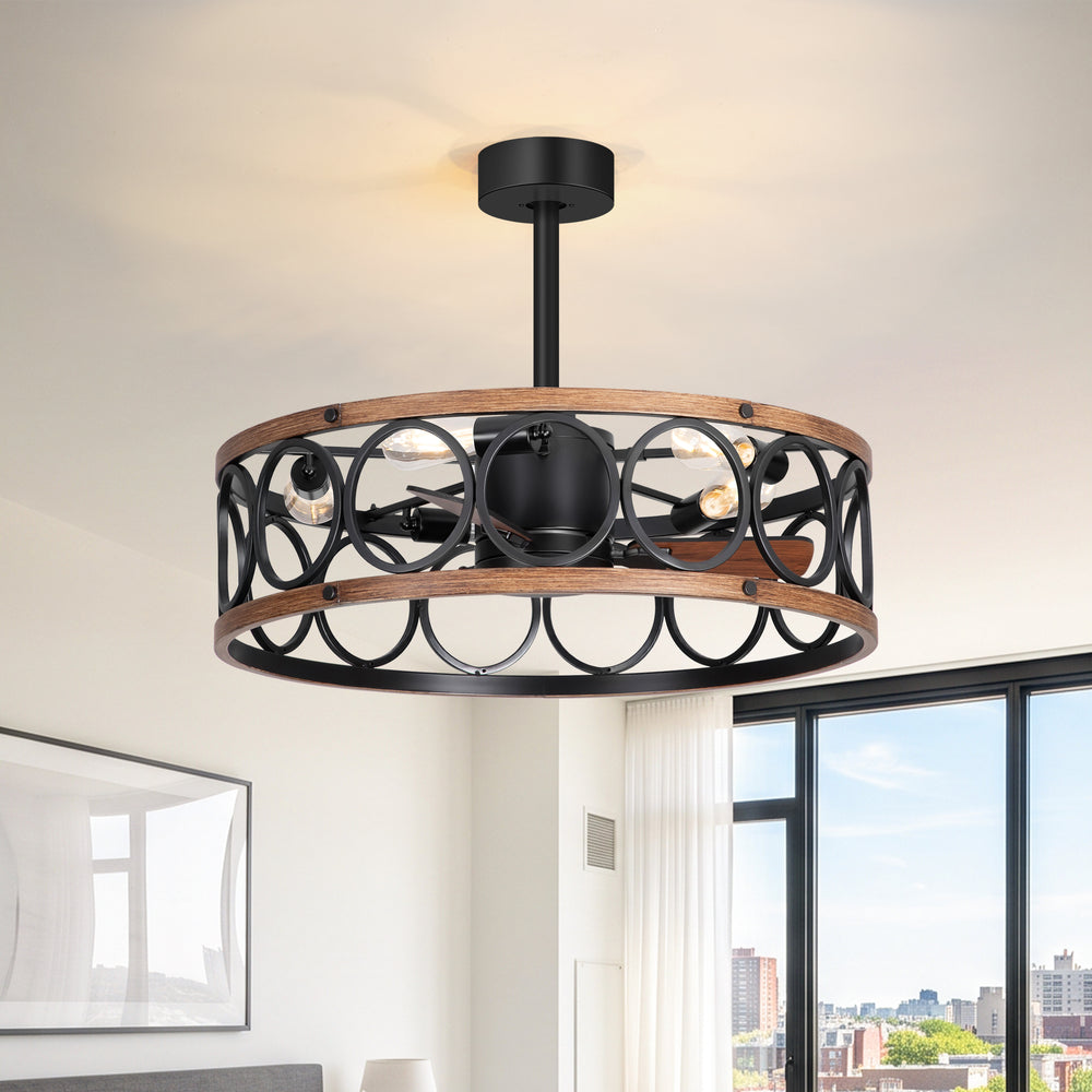 28 Inch Farmhouse Caged Ceiling Fan with Lights, Black Wood Grain Ceiling Fan, Quiet DC Motor, 6 Speeds, Remote Control, Reversible, 5/10 Inch Downrods