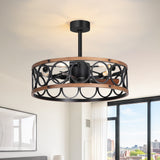 28 Inch Farmhouse Caged Ceiling Fan with Lights, Black Wood Grain Ceiling Fan, Quiet DC Motor, 6 Speeds, Remote Control, Reversible, 5/10 Inch Downrods