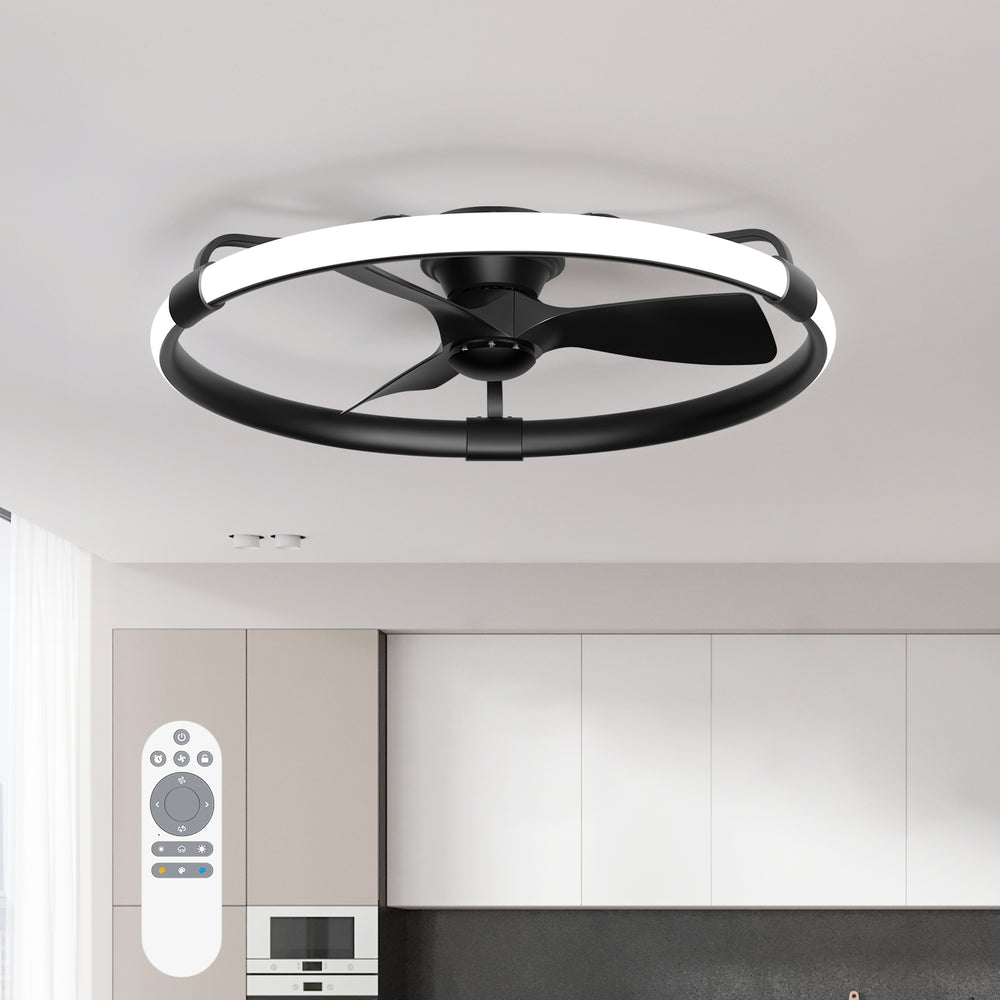 32 Inch Black Flush Mount Enclosed Ceiling Fan with Light, Low Profile Ceiling Fan, 3-Blade DC Motor, 6 Speeds, Dimmable LED, Remote Control