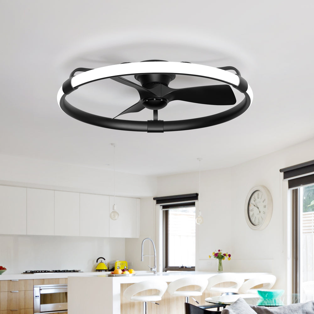 32 Inch Black Flush Mount Enclosed Ceiling Fan with Light, Low Profile Ceiling Fan, 3-Blade DC Motor, 6 Speeds, Dimmable LED, Remote Control