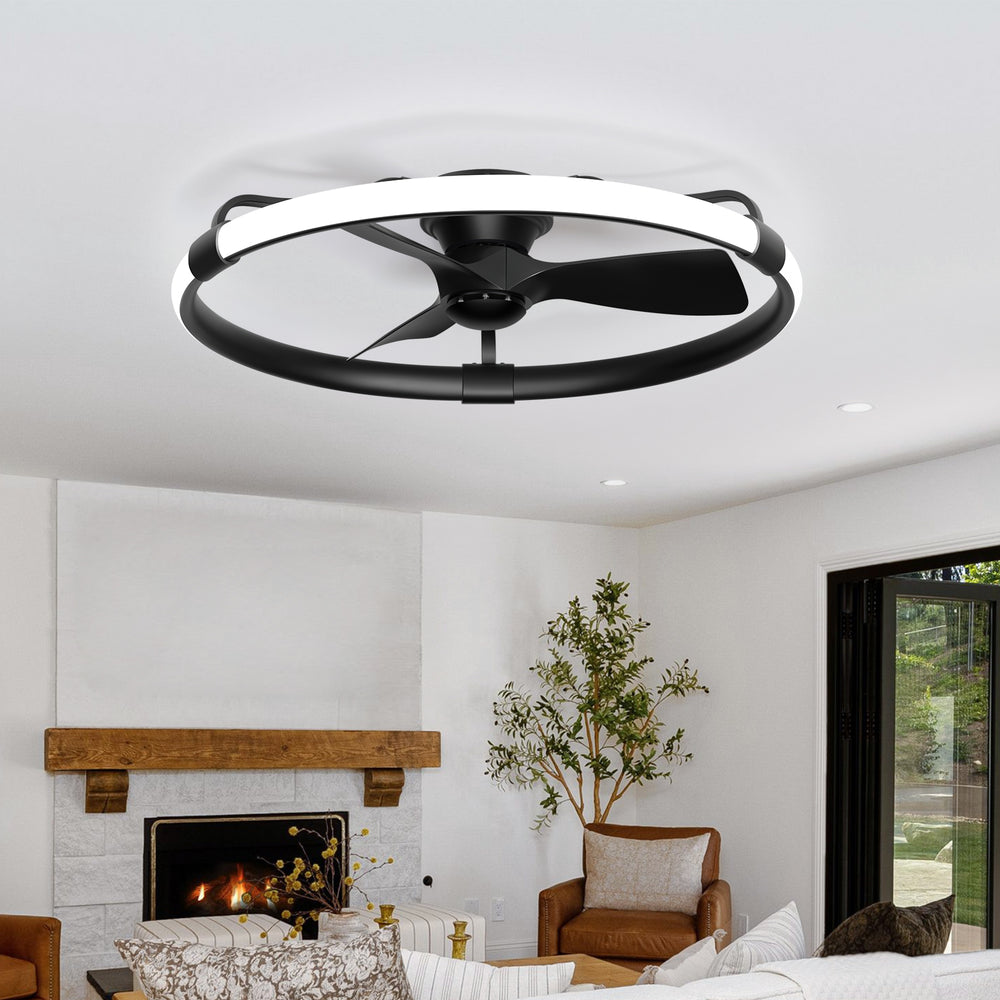 32 Inch Black Flush Mount Enclosed Ceiling Fan with Light, Low Profile Ceiling Fan, 3-Blade DC Motor, 6 Speeds, Dimmable LED, Remote Control
