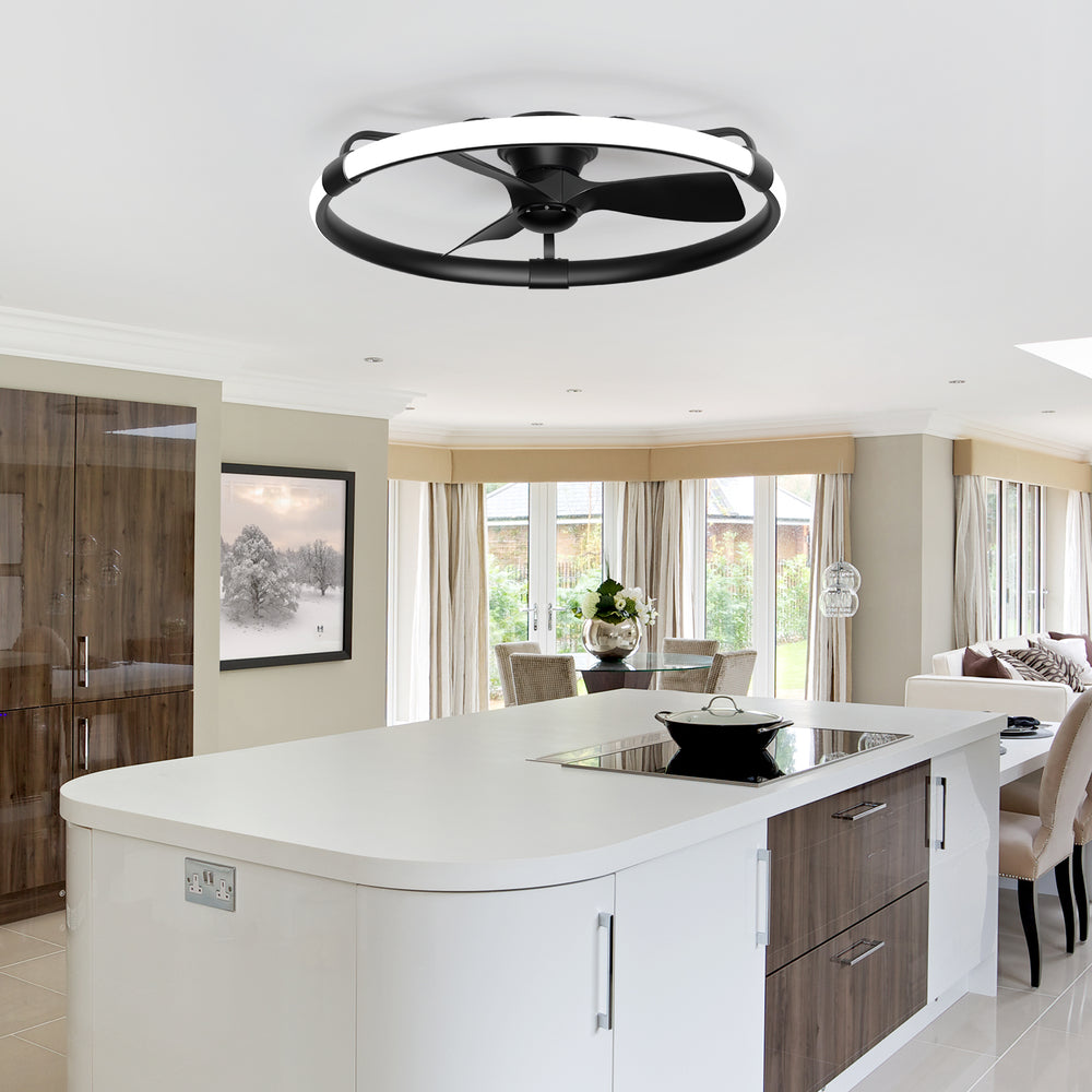 32 Inch Black Flush Mount Enclosed Ceiling Fan with Light, Low Profile Ceiling Fan, 3-Blade DC Motor, 6 Speeds, Dimmable LED, Remote Control