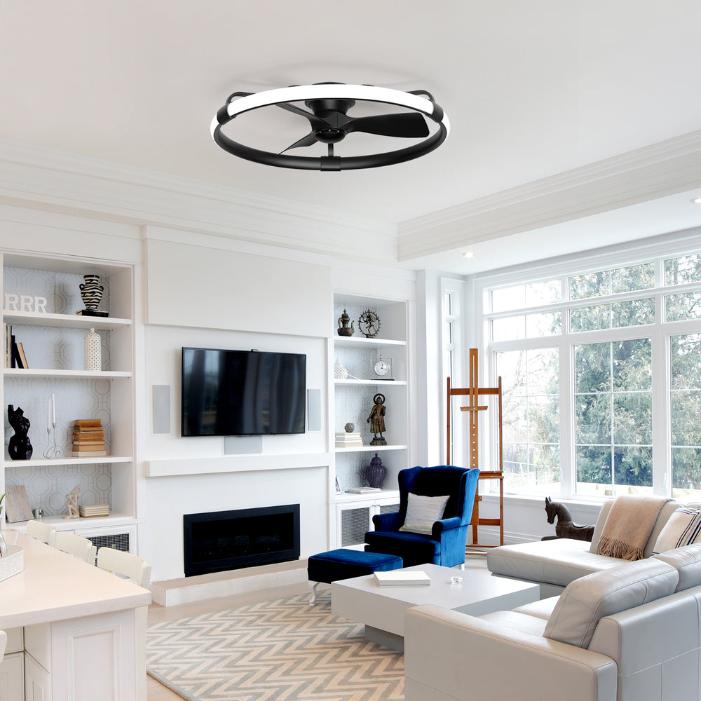 32 Inch Black Flush Mount Enclosed Ceiling Fan with Light, Low Profile Ceiling Fan, 3-Blade DC Motor, 6 Speeds, Dimmable LED, Remote Control