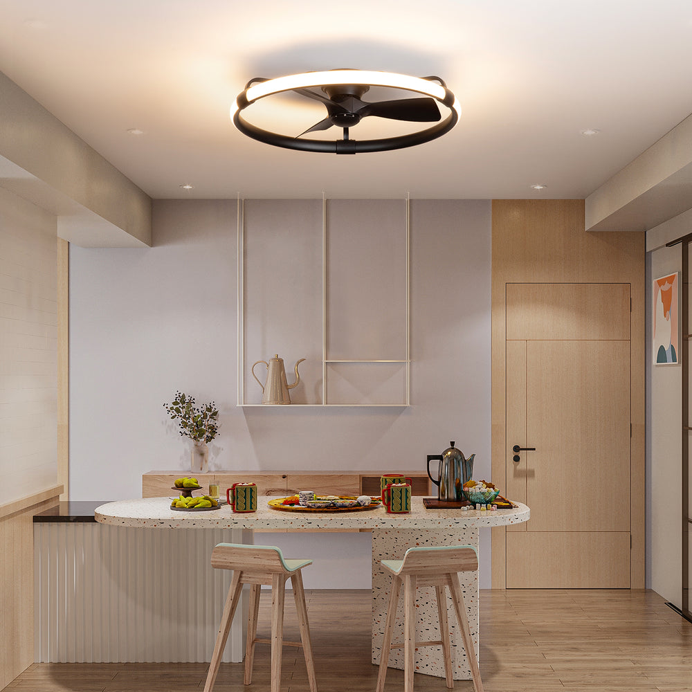 32 Inch Black Flush Mount Enclosed Ceiling Fan with Light, Low Profile Ceiling Fan, 3-Blade DC Motor, 6 Speeds, Dimmable LED, Remote Control