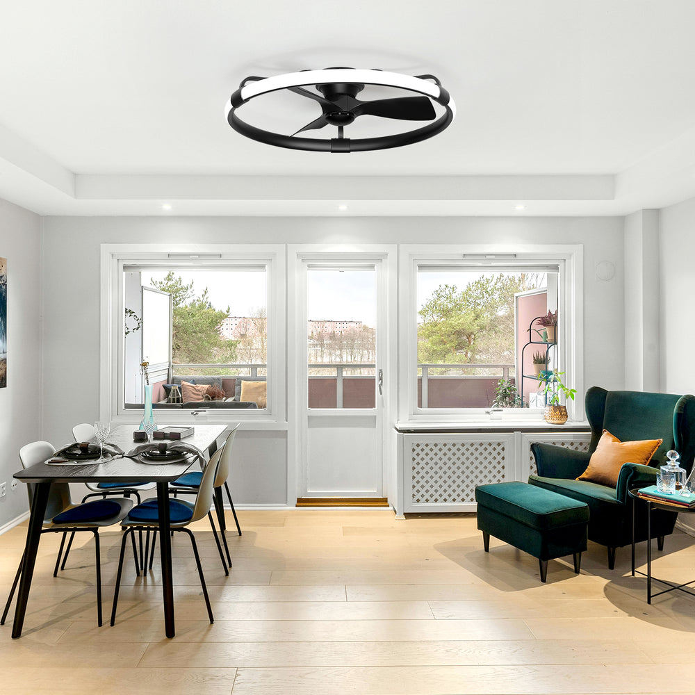 32 Inch Black Flush Mount Enclosed Ceiling Fan with Light, Low Profile Ceiling Fan, 3-Blade DC Motor, 6 Speeds, Dimmable LED, Remote Control