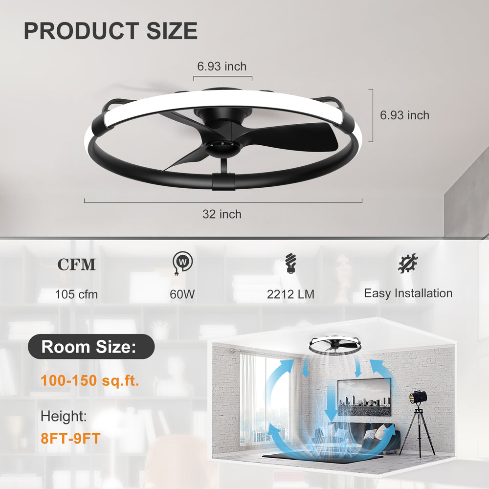 32 Inch Black Flush Mount Enclosed Ceiling Fan with Light, Low Profile Ceiling Fan, 3-Blade DC Motor, 6 Speeds, Dimmable LED, Remote Control