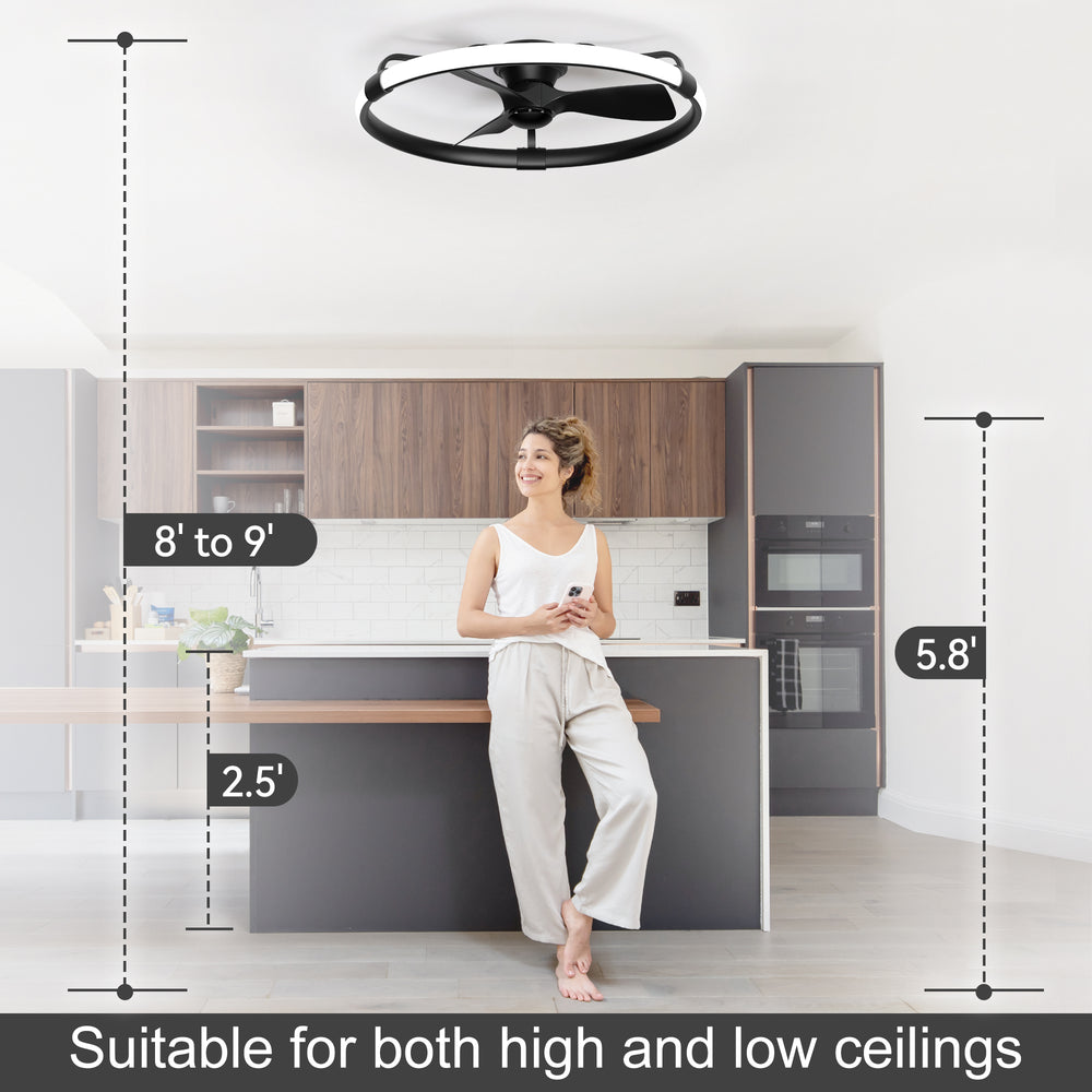 32 Inch Black Flush Mount Enclosed Ceiling Fan with Light, Low Profile Ceiling Fan, 3-Blade DC Motor, 6 Speeds, Dimmable LED, Remote Control