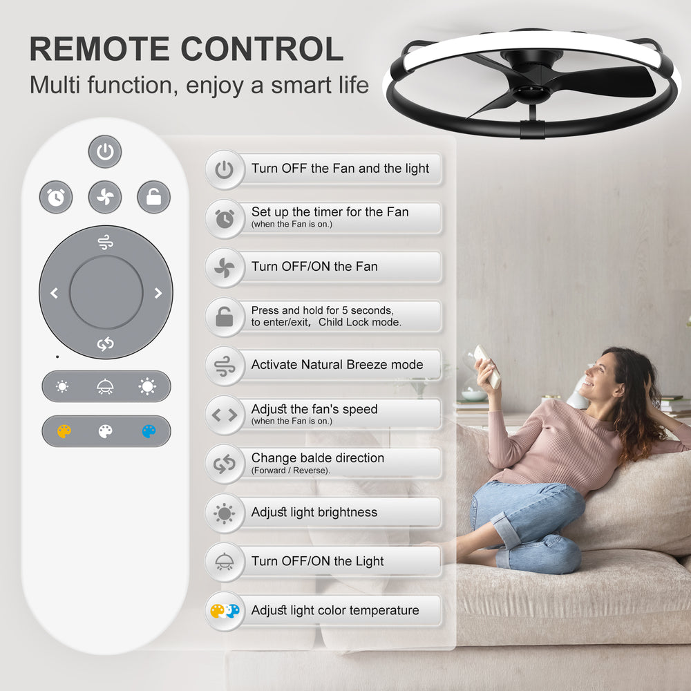 32 Inch Black Flush Mount Enclosed Ceiling Fan with Light, Low Profile Ceiling Fan, 3-Blade DC Motor, 6 Speeds, Dimmable LED, Remote Control