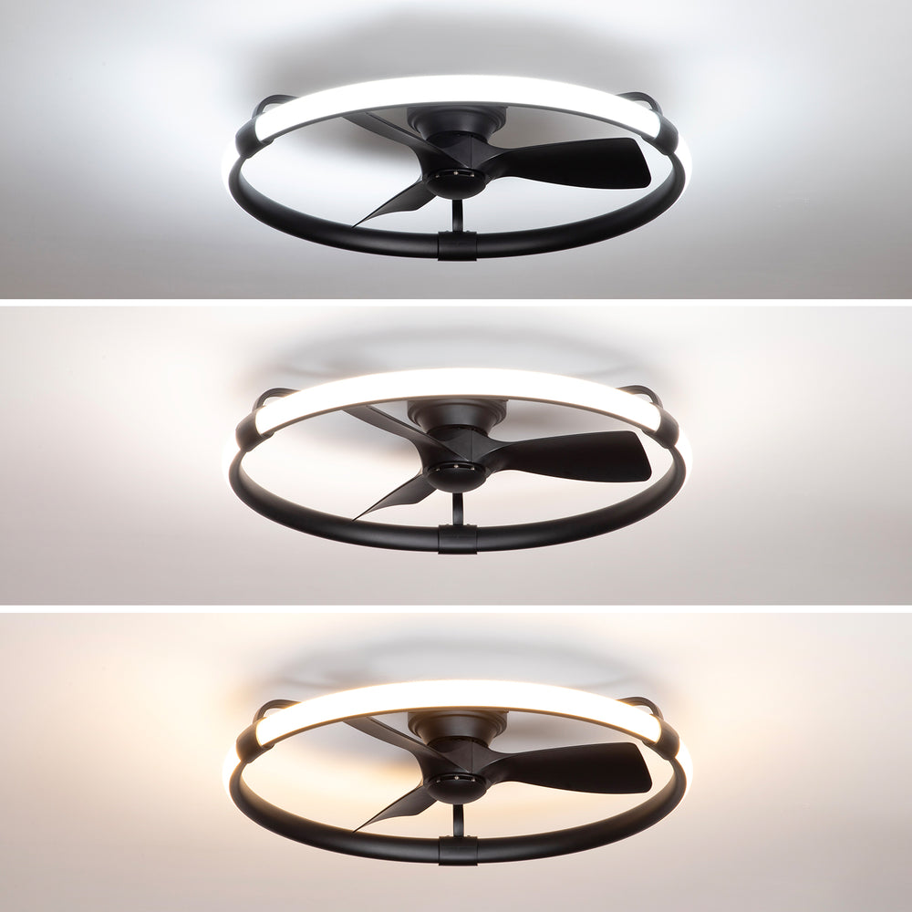 32 Inch Black Flush Mount Enclosed Ceiling Fan with Light, Low Profile Ceiling Fan, 3-Blade DC Motor, 6 Speeds, Dimmable LED, Remote Control