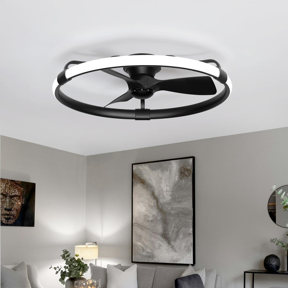 32 Inch Black Flush Mount Enclosed Ceiling Fan with Light, Low Profile Ceiling Fan, 3-Blade DC Motor, 6 Speeds, Dimmable LED, Remote Control