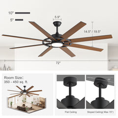 72 Inch Large Ceiling Fan with Light, 8 Reversible Blades, Quiet DC Motor, 6 Speeds Remote Control, 3CCT Dimmable LED, Reversible Airflow, 5-inch and 10-inch Downrods Included