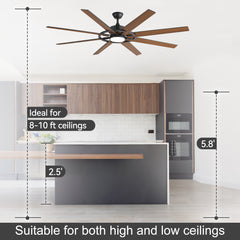 72 Inch Large Ceiling Fan with Light, 8 Reversible Blades, Quiet DC Motor, 6 Speeds Remote Control, 3CCT Dimmable LED, Reversible Airflow, 5-inch and 10-inch Downrods Included