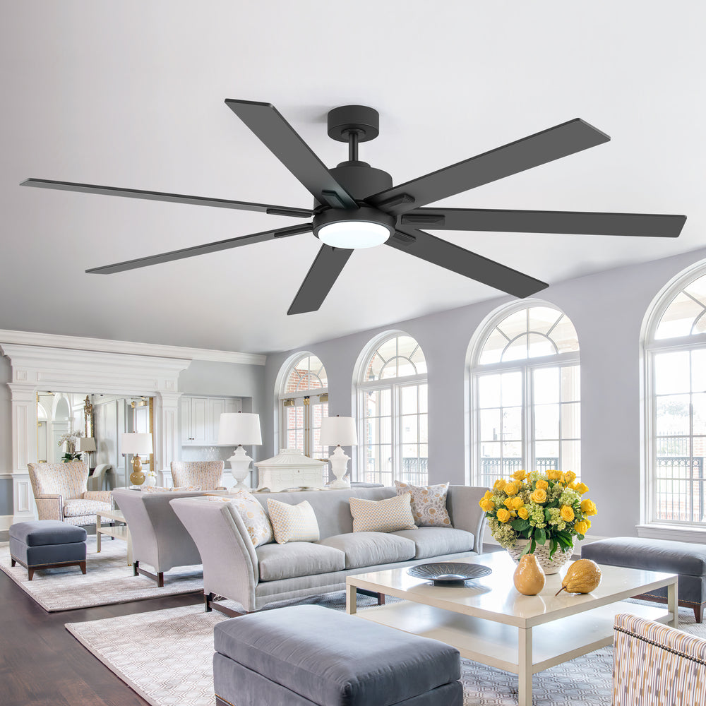 72 Inch Modern Ceiling Fan with Light, Quiet DC Motor, 7 Blades, Remote Control, 6 Speeds, Reversible, 3CCT Dimmable LED, Timer, Large Room, Black/Wood Grain