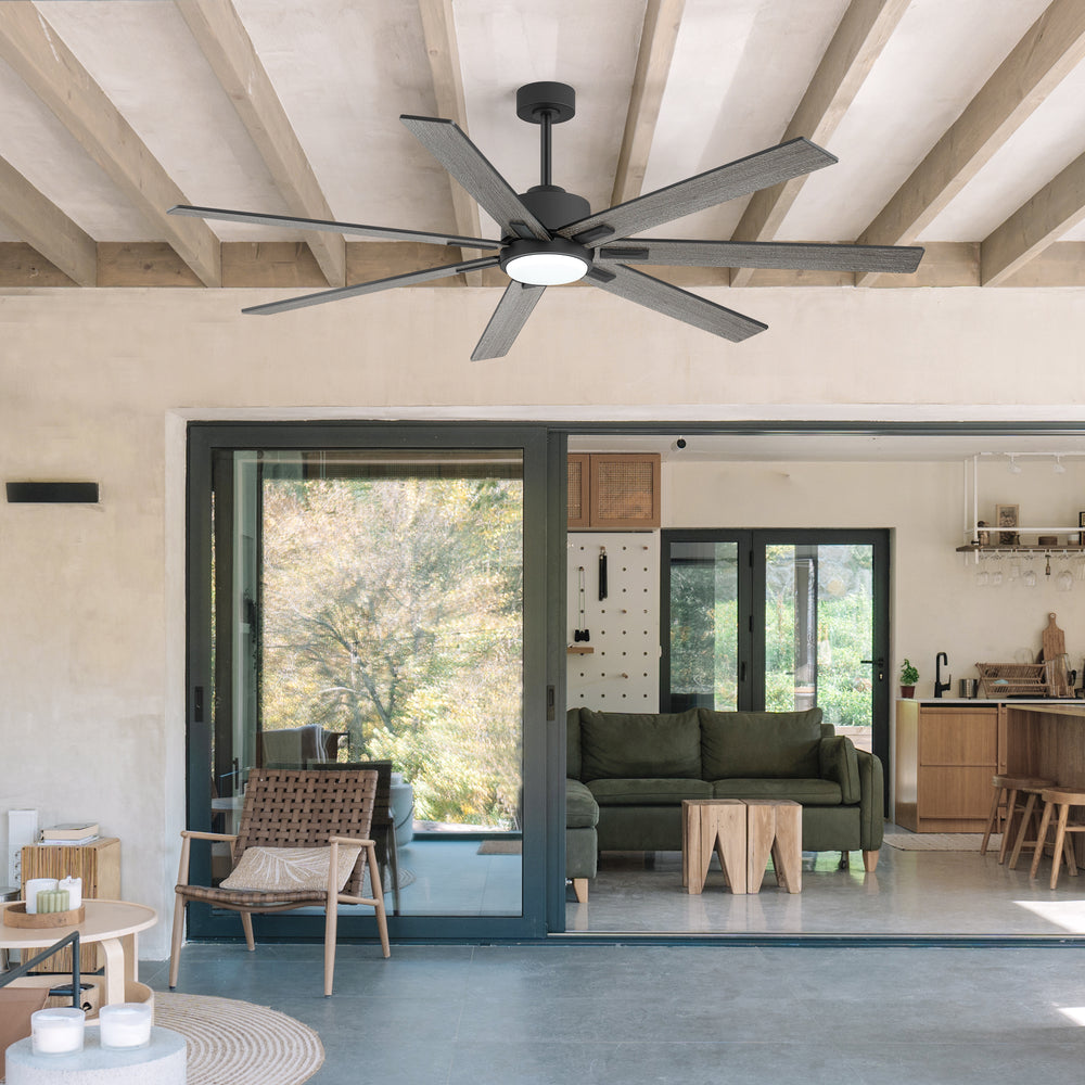 72 Inch Modern Ceiling Fan with Light, Quiet DC Motor, 7 Blades, Remote Control, 6 Speeds, Reversible, 3CCT Dimmable LED, Timer, Large Room, Black/Wood Grain