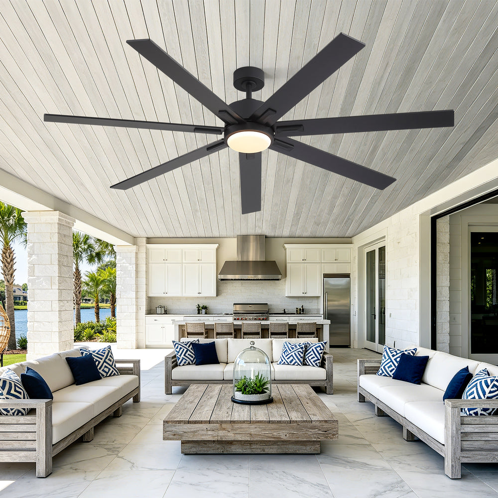 72 Inch Modern Ceiling Fan with Light, Quiet DC Motor, 7 Blades, Remote Control, 6 Speeds, Reversible, 3CCT Dimmable LED, Timer, Large Room, Black/Wood Grain