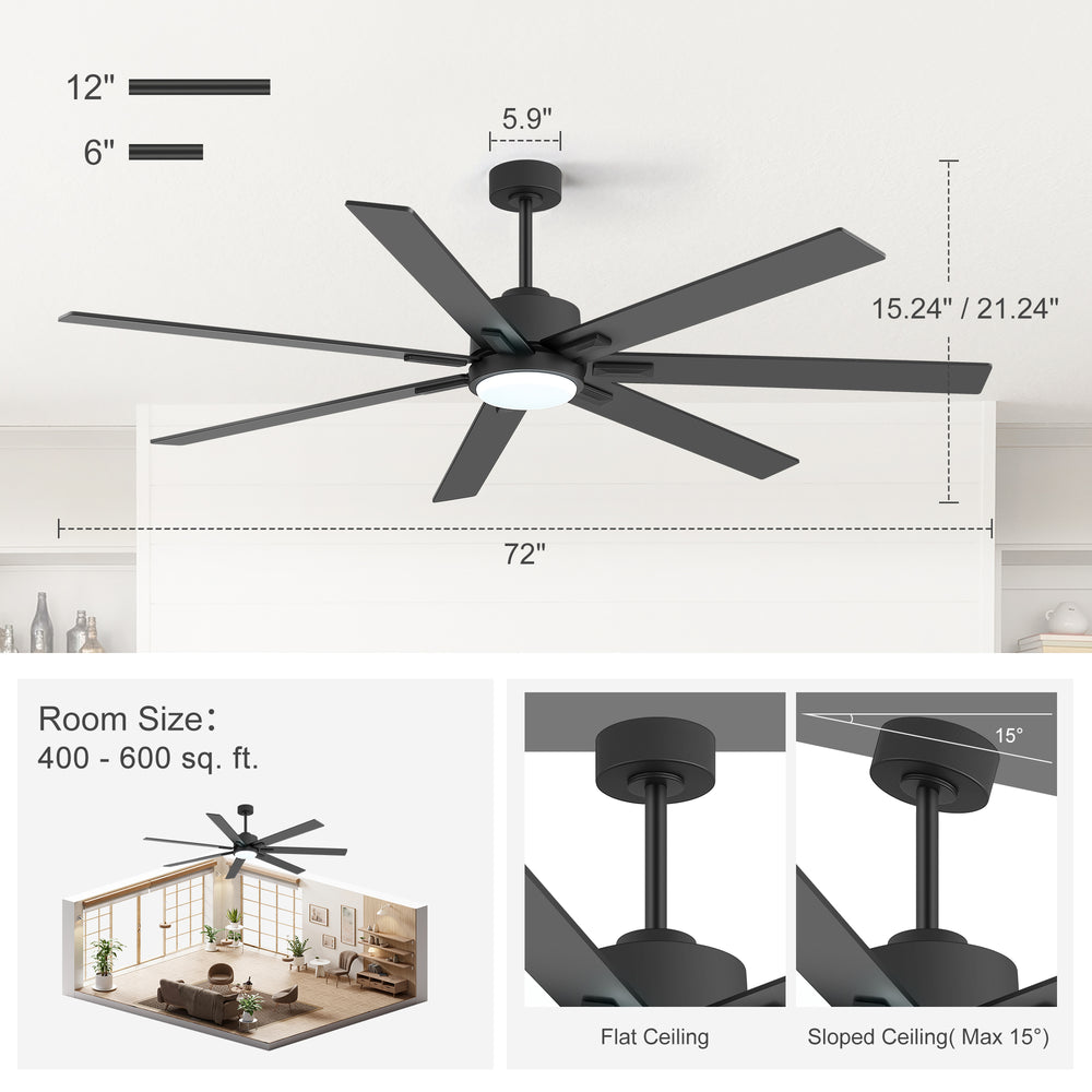 72 Inch Modern Ceiling Fan with Light, Quiet DC Motor, 7 Blades, Remote Control, 6 Speeds, Reversible, 3CCT Dimmable LED, Timer, Large Room, Black/Wood Grain