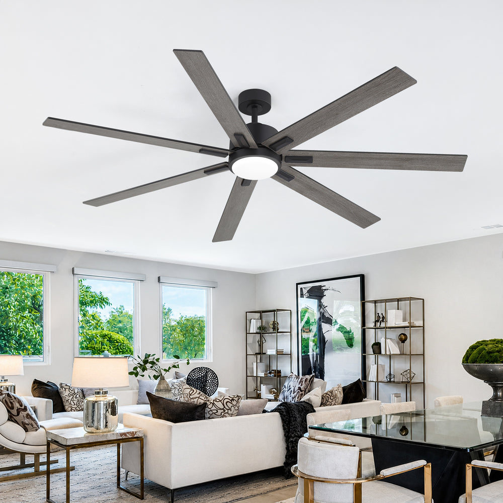 72 Inch Modern Ceiling Fan with Light, Quiet DC Motor, 7 Blades, Remote Control, 6 Speeds, Reversible, 3CCT Dimmable LED, Timer, Large Room, Black/Wood Grain