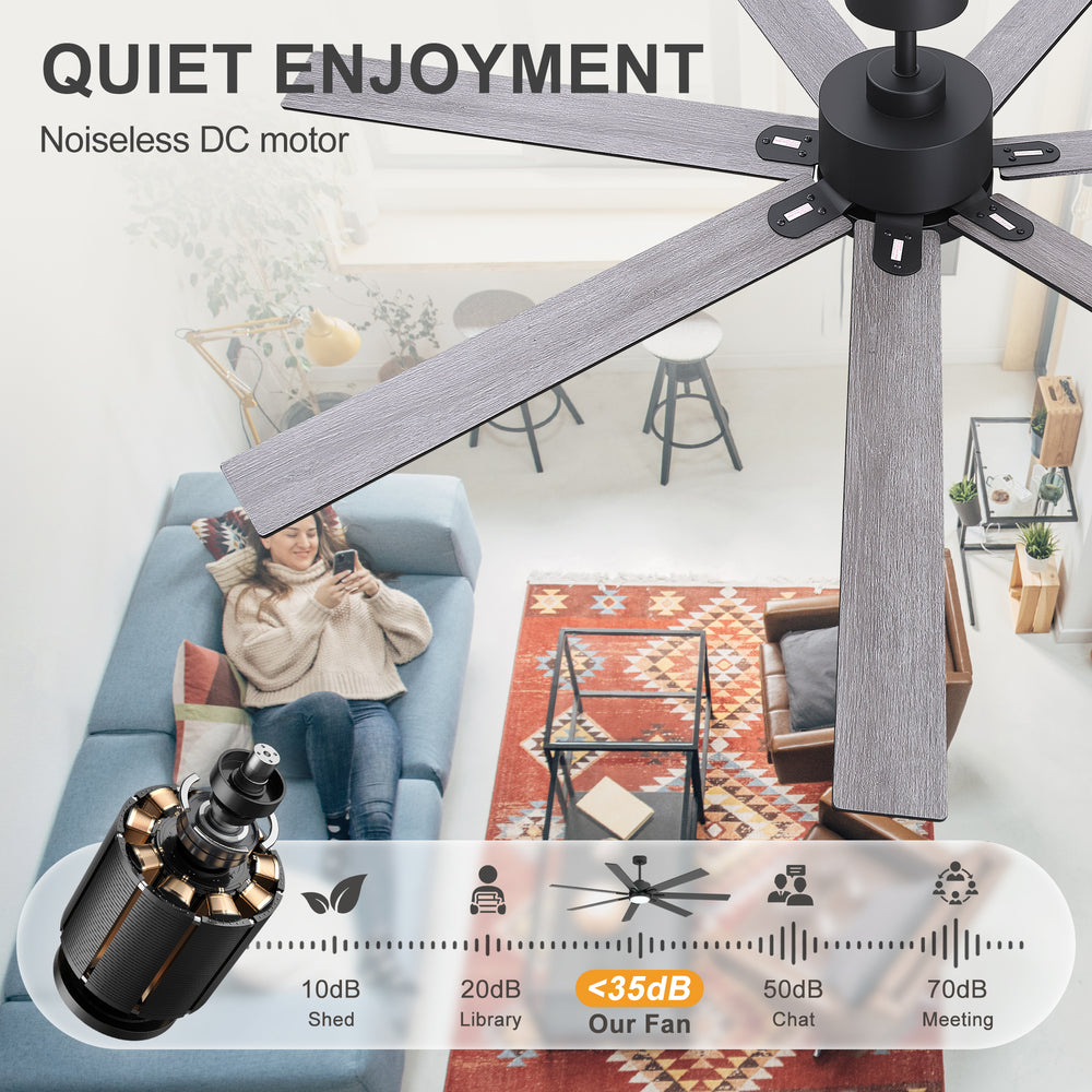 72 Inch Modern Ceiling Fan with Light, Quiet DC Motor, 7 Blades, Remote Control, 6 Speeds, Reversible, 3CCT Dimmable LED, Timer, Large Room, Black/Wood Grain
