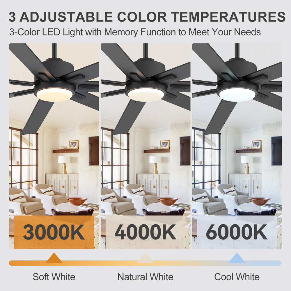 72 Inch Modern Ceiling Fan with Light, Quiet DC Motor, 7 Blades, Remote Control, 6 Speeds, Reversible, 3CCT Dimmable LED, Timer, Large Room, Black/Wood Grain