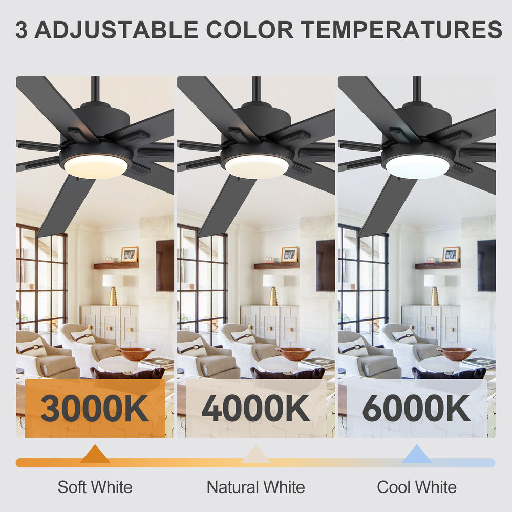 72 Inch Modern Ceiling Fan with Light, Quiet DC Motor, 7 Blades, Remote Control, 6 Speeds, Reversible, 3CCT Dimmable LED, Timer, Large Room, Black/Wood Grain