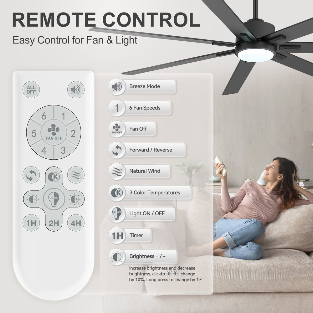 72 Inch Modern Ceiling Fan with Light, Quiet DC Motor, 7 Blades, Remote Control, 6 Speeds, Reversible, 3CCT Dimmable LED, Timer, Large Room, Black/Wood Grain