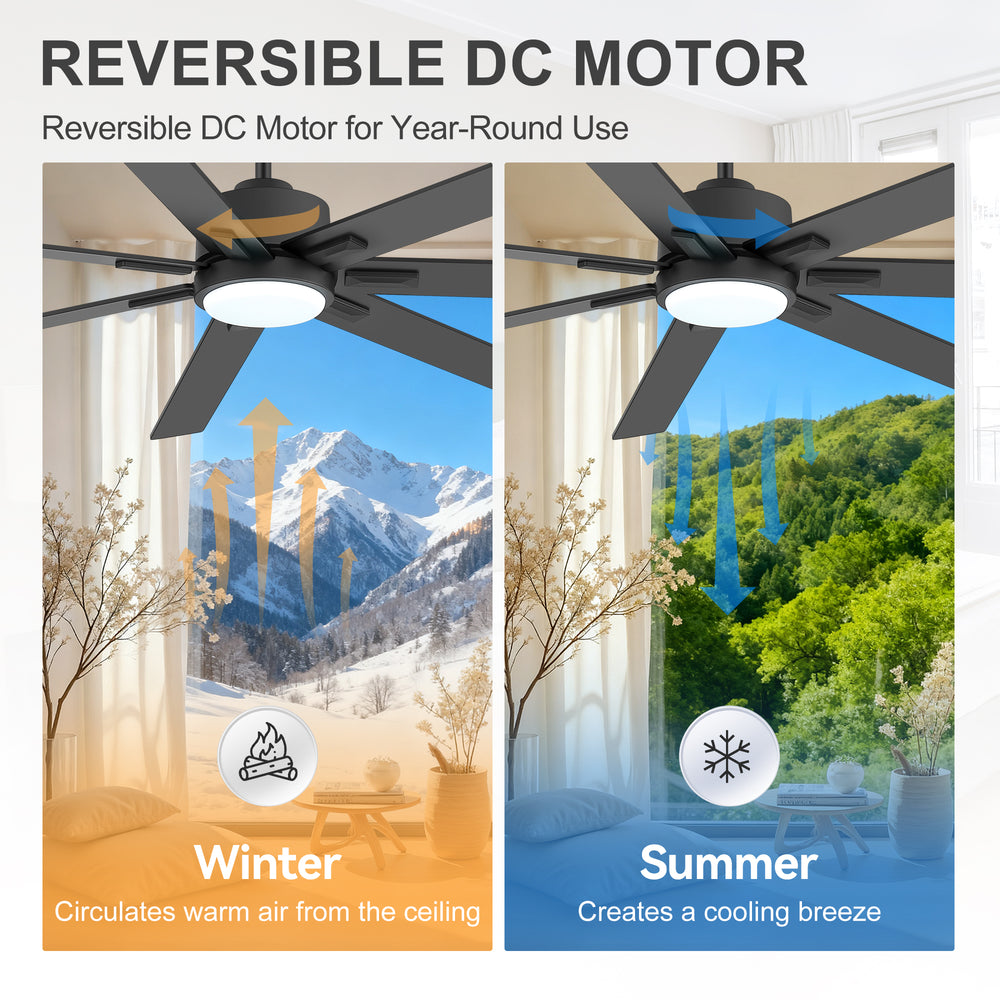 72 Inch Modern Ceiling Fan with Light, Quiet DC Motor, 7 Blades, Remote Control, 6 Speeds, Reversible, 3CCT Dimmable LED, Timer, Large Room, Black/Wood Grain