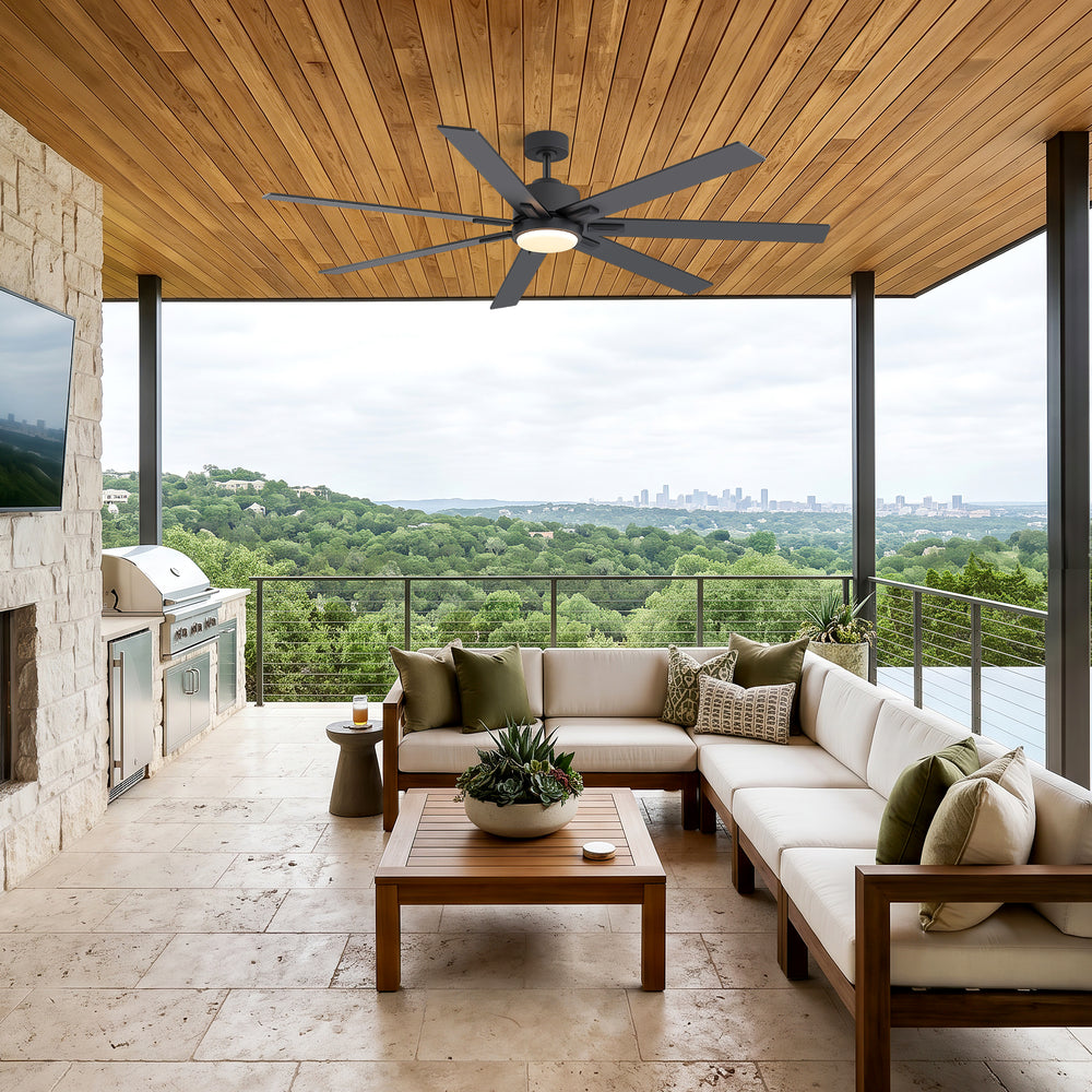72 Inch Modern Ceiling Fan with Light, Quiet DC Motor, 7 Blades, Remote Control, 6 Speeds, Reversible, 3CCT Dimmable LED, Timer, Large Room, Black/Wood Grain